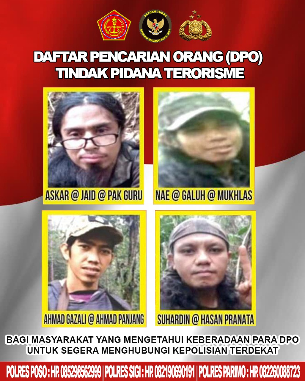 Satgas Madago Raya Rilis 4 Sisa DPO Teroris Poso