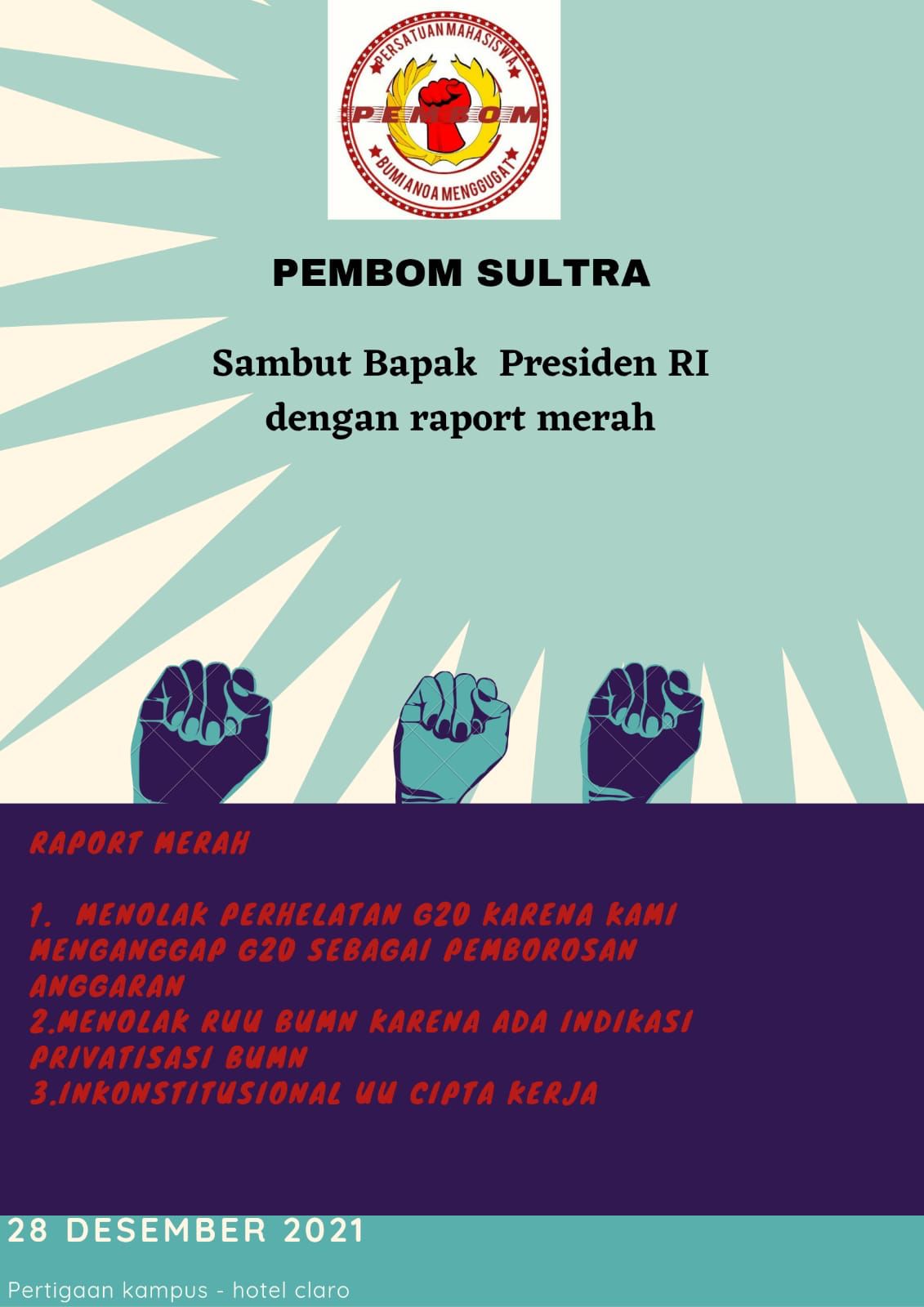 Sambut Kunjungan Presiden RI di Sultra, Mahasiswa akan Menggelar Aksi Damai Soal Revisi UU BUMN dan Omnimbus Law